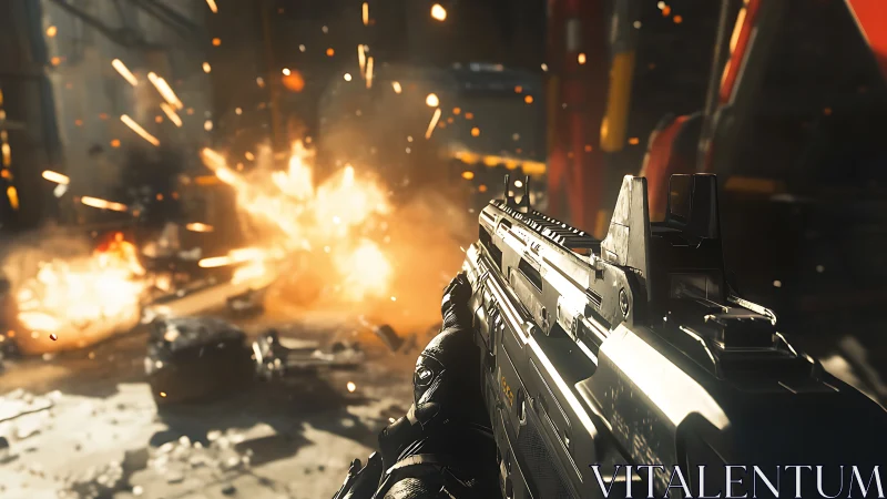 Futuristic assault rifle in explosive urban combat scene.
