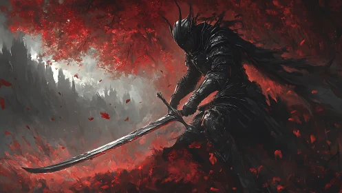Armored swordsman in red forest with dramatic lighting.