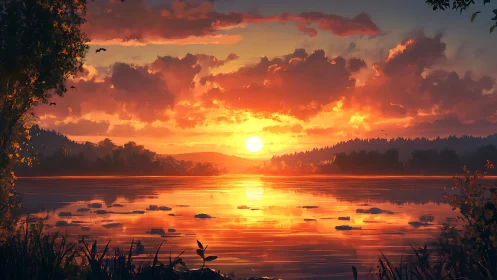 Radiant sunset settles over tranquil forest lake horizon