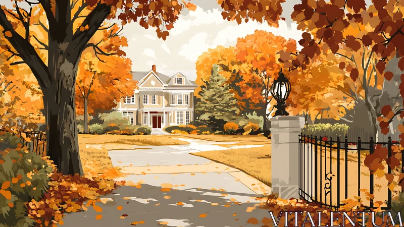Golden autumn lane leads warmly toward a welcoming home