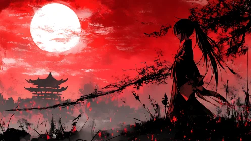 Red moonlit samurai silhouette overlooks distant pagoda.