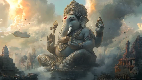 Mythic Ganesha colossus in cinematic atmospheric concept art.