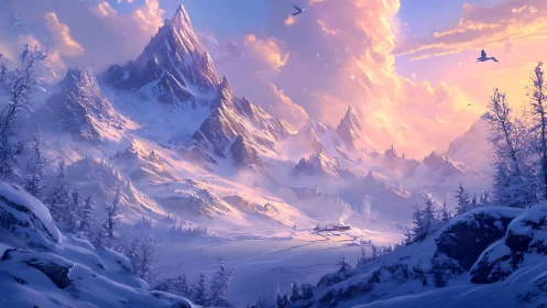 Alpenglow winter massif with luminous cloud architecture panorama.