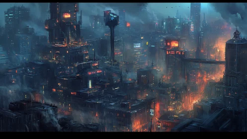 Dystopian cyberpunk cityscape glows amid heavy blue smog