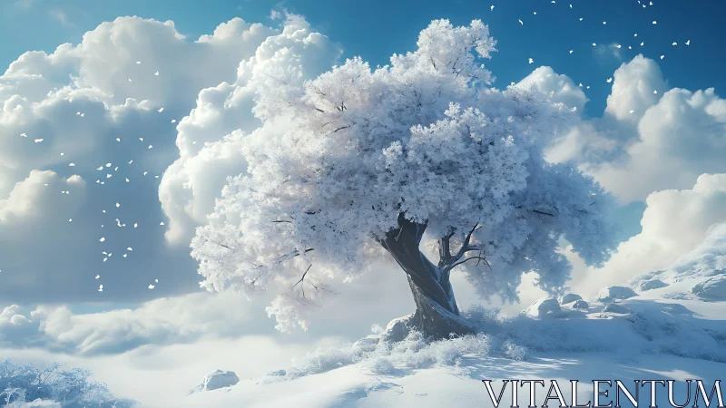 Solitary frost-covered tree on luminous snowfield under clouds
