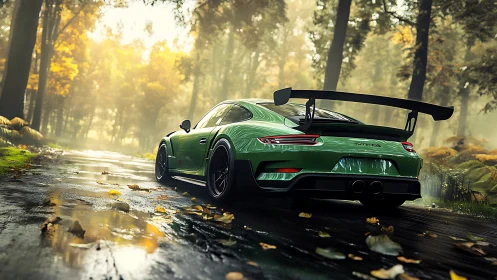 Green sports car is parked on a wet forest road in autumn