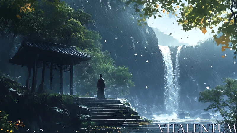 Solitary figure beside mountainside waterfall in rain-soaked pavilion.