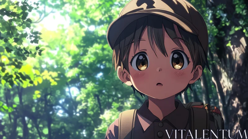 Curious child explorer gazes upward through sunlit forest canopy