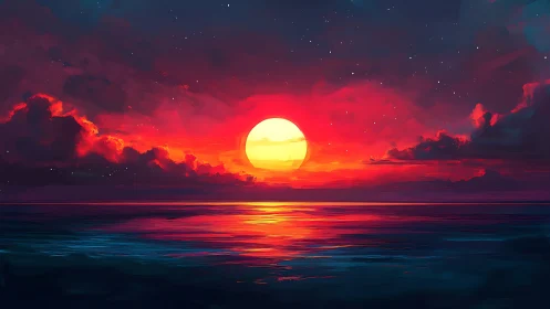 Glowing sunset over calm ocean wrapped in dreamy twilight.