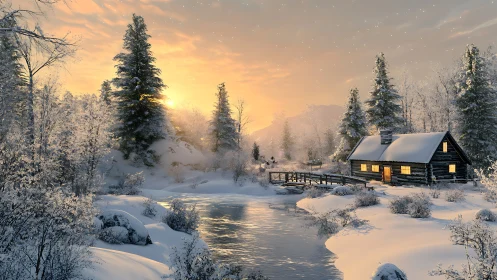 Winter cabin glows beside a pearl-bright, frozen river sunset.