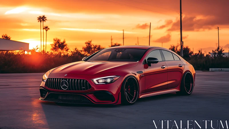 Sunset glow on a sleek red sports sedan at golden hour.