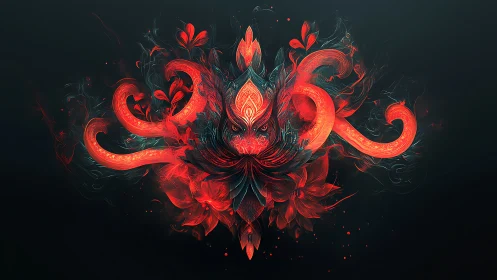 Abstract red fiery creature with floral and tentacle forms.