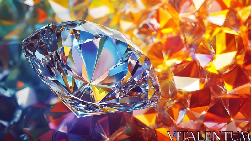 Brilliant Cut Diamond on Colorful Faceted Background, Hyperrealistic.