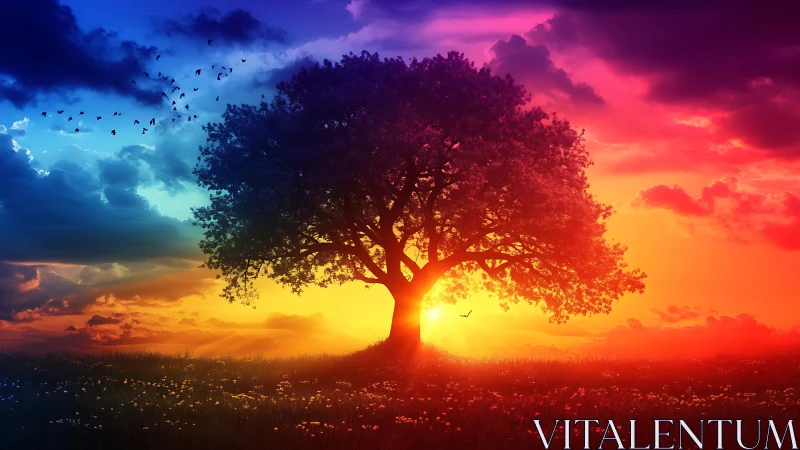 Solitary tree silhouette against multicolor sunset sky.