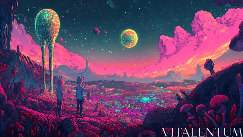 Neon alien valley rendered with saturated dual-tone atmospheric depth