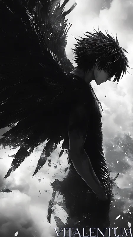 Shadowed winged guardian pauses alone in the stormy sky