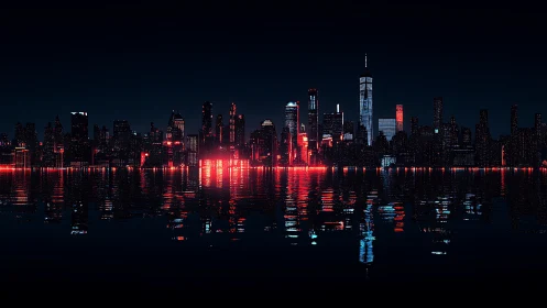 Neon red skyline reflection over dark futuristic harbor.