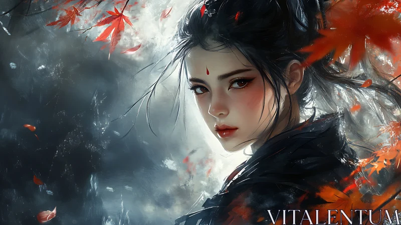 Woman in dark robe amid autumn leaves and misty backdrop.