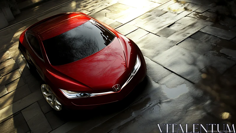 Red Honda concept sedan under dramatic golden streetlight.