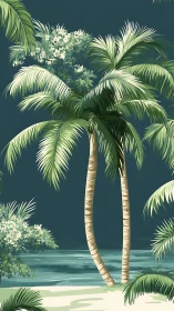 Tropical palm trees curve over calm teal shoreline.