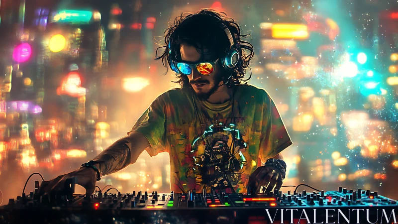 Cyberpunk DJ at neon console in immersive bokeh skyline.