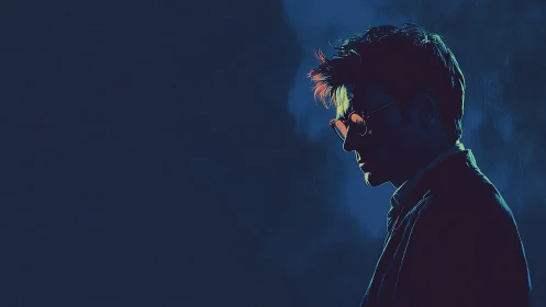 Moody side profile of man in glasses in neon light.