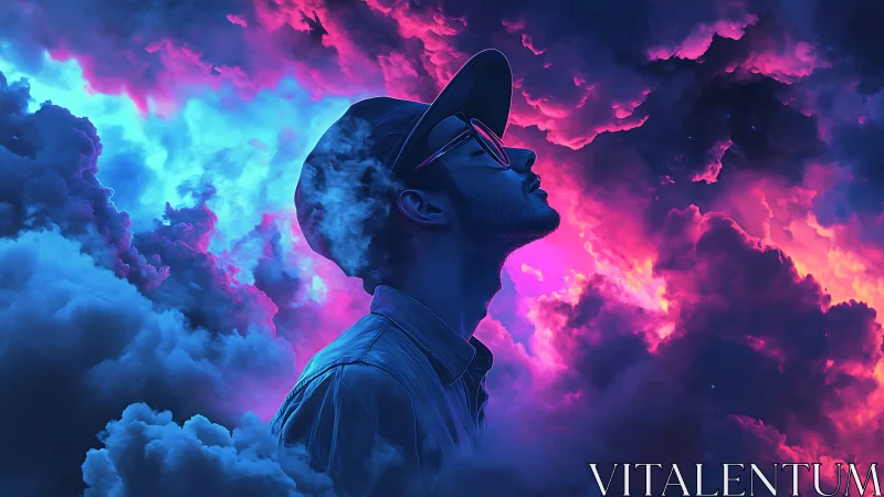 Man in cap within neon blue and magenta cloudscape digital art.