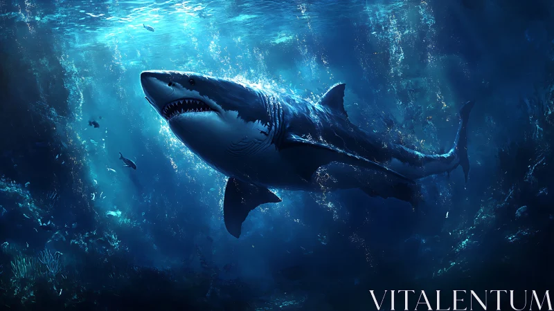 Great white shark glides through luminous deep ocean scene.