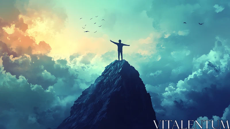 Skyline dreamer crowned in teal clouds and sunrise fire.