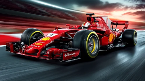 Red Formula 1 race car powers through dramatic sunset circuit.