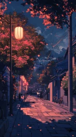 Soft lantern light gently warms a quiet twilight street