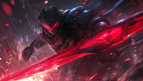 Armored figure advances with red energy blade in motion