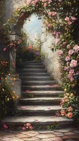 Secret garden stairway climbs into a quiet bloom-washed sky