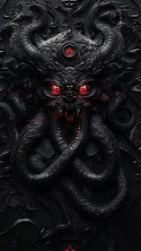 Horned demonic visage with entwined serpents in relief.