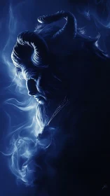 Horned elder silhouette in volumetric blue smoke profile.