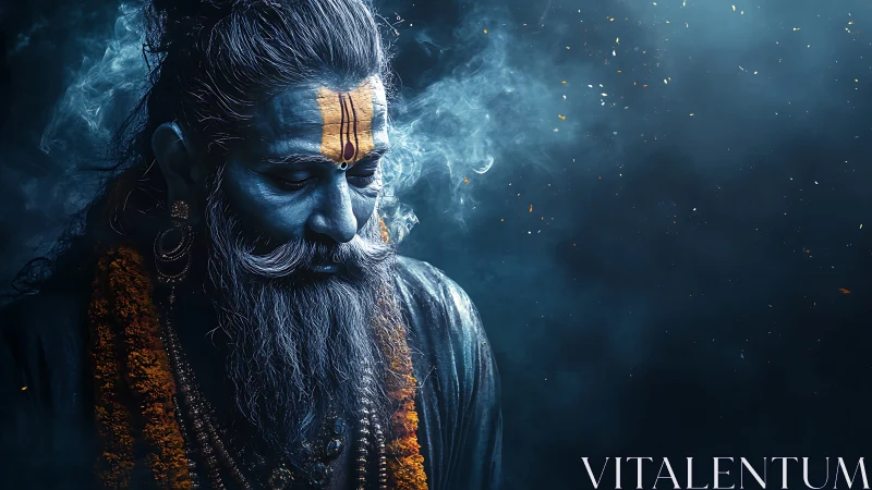 Mystic blue holy man stands in quiet incense filled night
