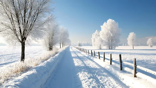 Sunlit rural snow road bordered by hoarfrost winter trees