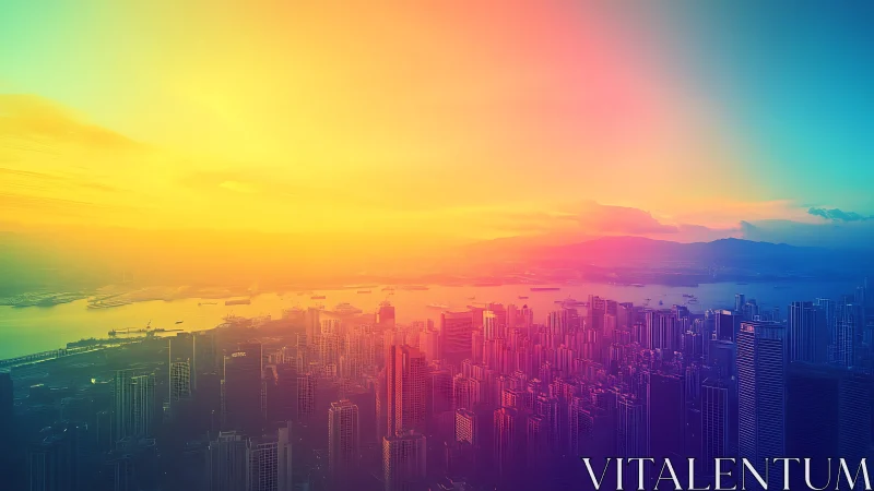 Neon-gradient skyline over harbor under radiant sunset haze.