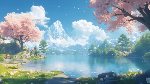 Serene alpine lake with cherry blossoms in radiant spring light.