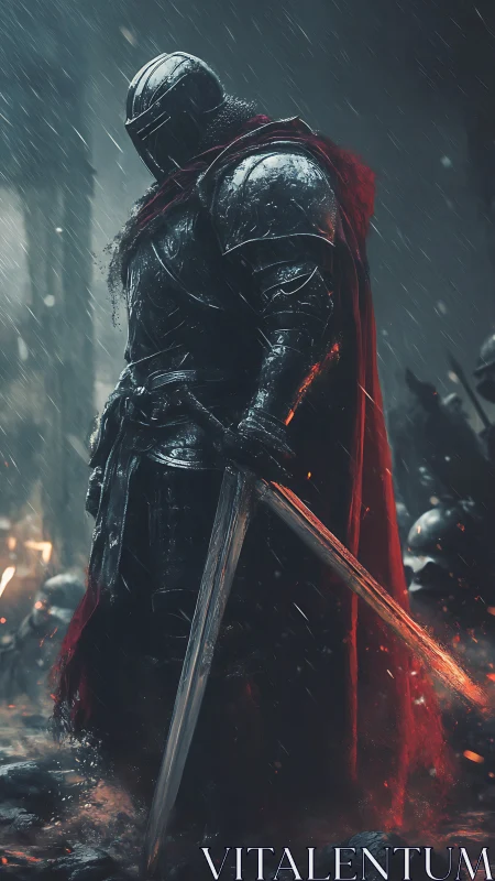 Armored dark knight stands in rainlit battlefield tableau