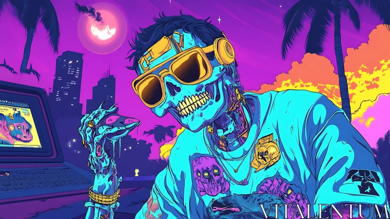 Cybernetic skeleton figure in neon tropical cityscape at night.