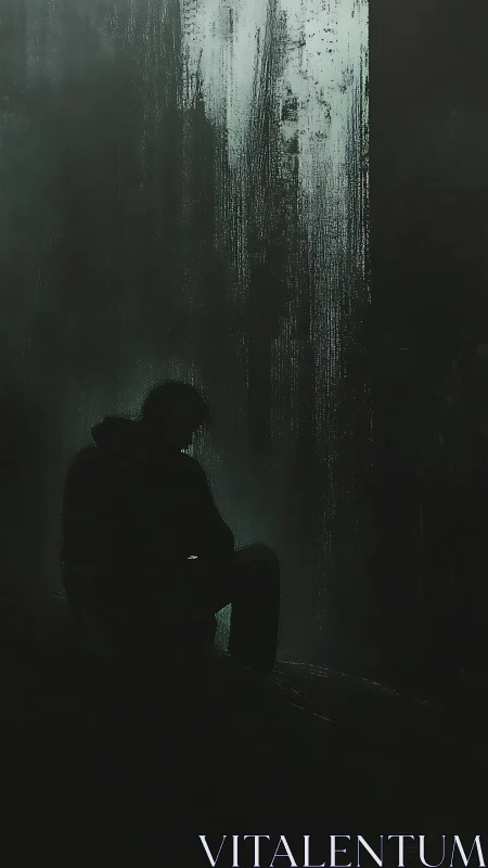 Quiet silhouette pauses beneath a soft curtain of light