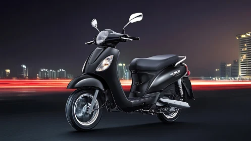 Matte black city scooter against dynamic light trails.