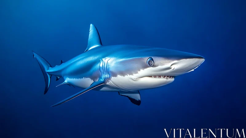 Side profile of streamlined shark in open blue water.