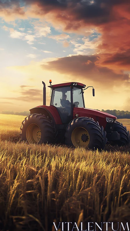 Sunlit red tractor in golden wheat field at dusk horizon.