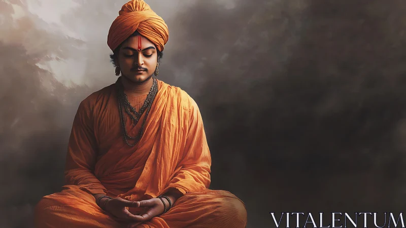 Orange robed monk in deep meditation against dark void.