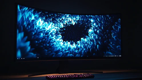 Curved ultra-wide monitor with abstract blue digital bloom.