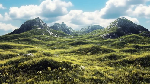 Sunlit green hills and gentle mountains under soft clouds.