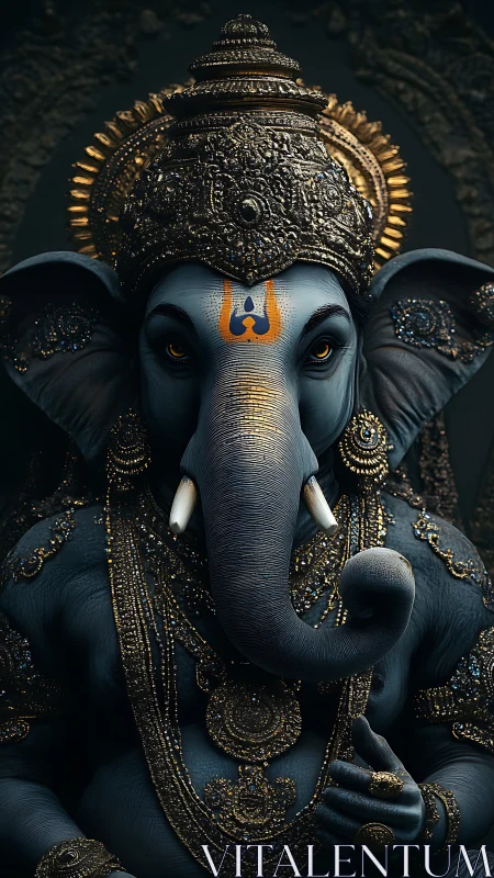 Ornate blue Ganesha idol rendered in hyper-detailed 3D lighting