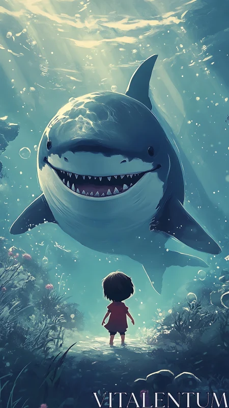 Backlit child confronts stylized great white shark in luminous seabed